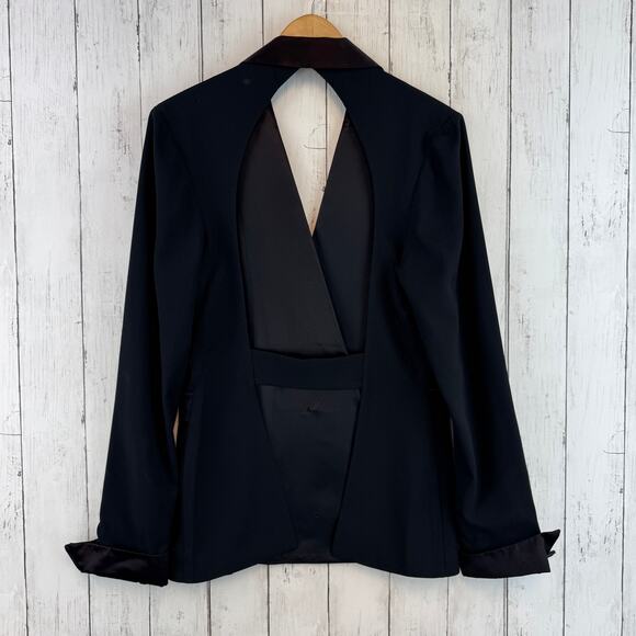 VTG Cache Black Satin Lapel Backless Tuxedo Jacket Blazer Top Size Medium - Picture 7 of 16
